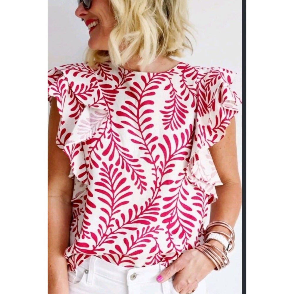 Who What Wear Floral Blouse Ruffle Sleeve Crew Neck Back Button Linen Blend L - Picture 1 of 10